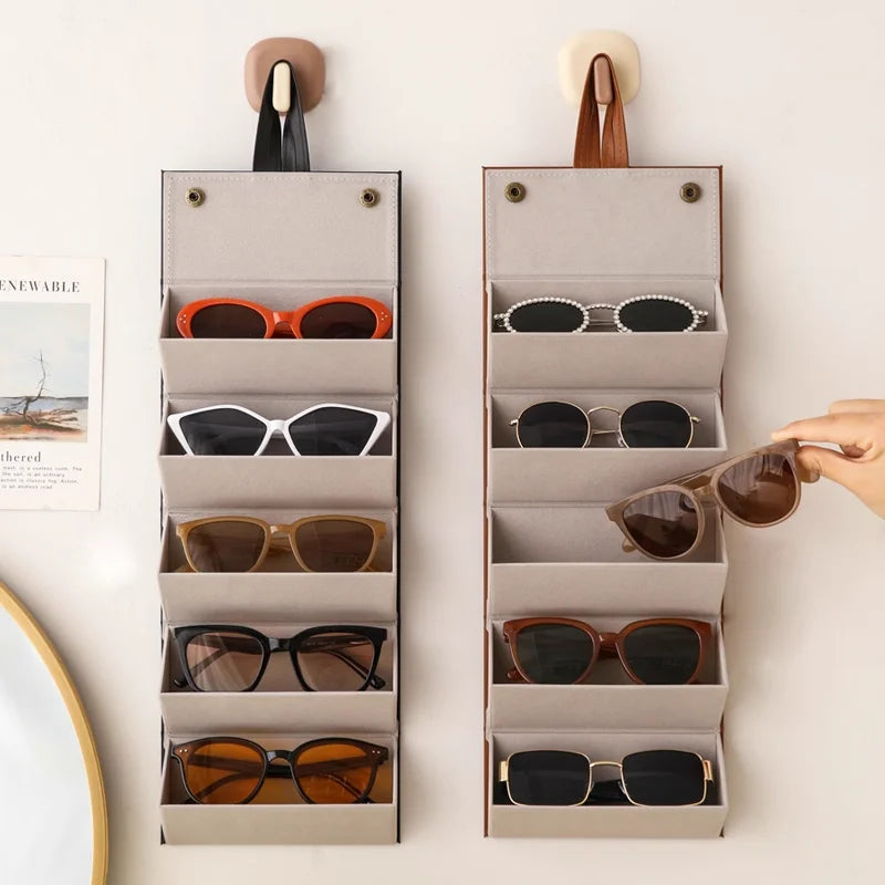 1pc 5 Slots PU Leather Sunglasses Storage Case Portable Foldable Eyeglasses Organizer Display Multi Hanging Eyeglasses Holder Zpaxo