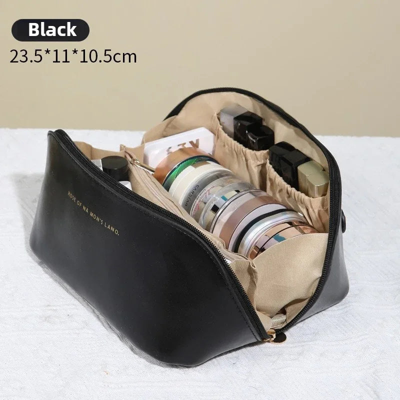 Travel makeup bag, large capacity women's makeup bag, waterproof portable bag open flat wash bag, with divider and handle Zpaxo style 1 bag black
