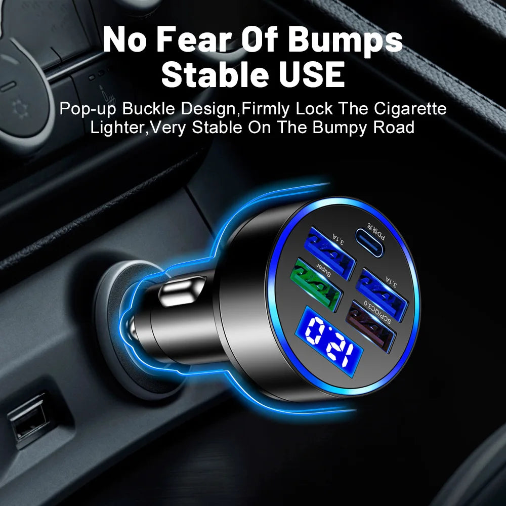 250W 5-Port USB-C Car Charger – PD & QC 3.0 Fast Charge