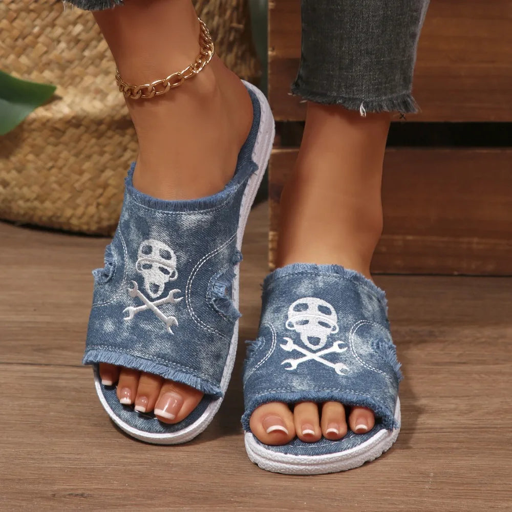 Women Flat Slippers 2026 Summer Fashion Embroidery Sandals Women's Zpaxo 40 Blue