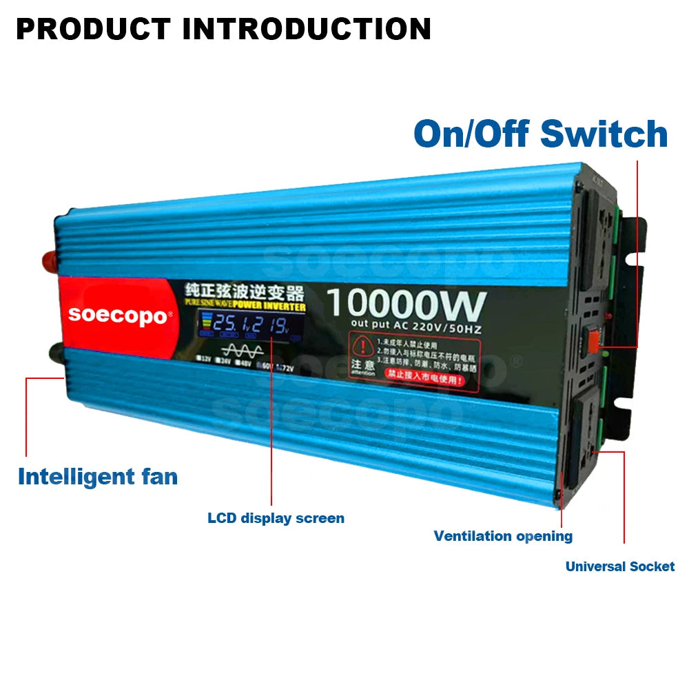 Pure Sine Wave Inverter 10000W Dual Voltage Design for Car/Trucks/E-Motorcycle/Home 12V/24V/48V/60V/72V to 110V/220V LCD Display Zpaxo