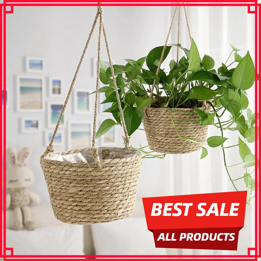 Handwoven Straw Hanging Basket Planter – Rattan Orchid Pot Hanging Basket Planter Zpaxo