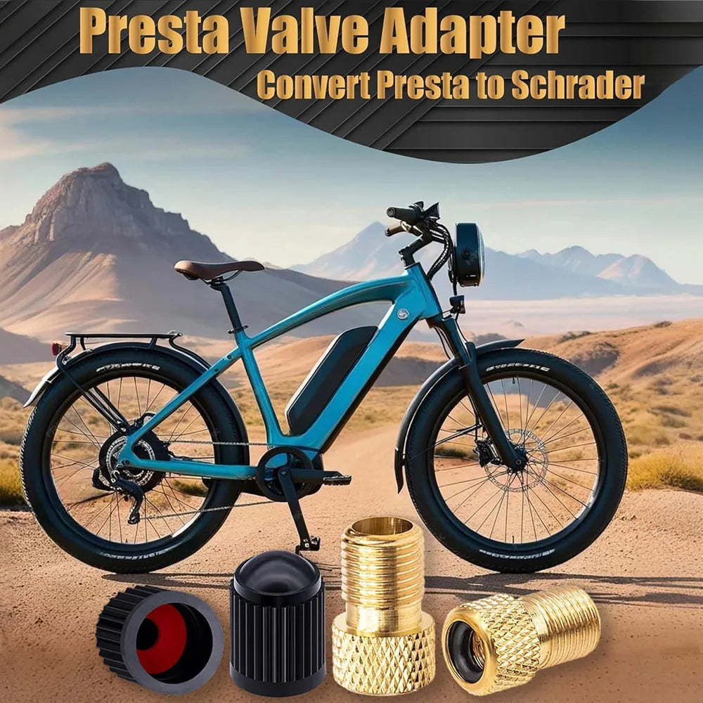 Brass Presta to Schrader Valve Adapter 2-Pack + Valve Caps
