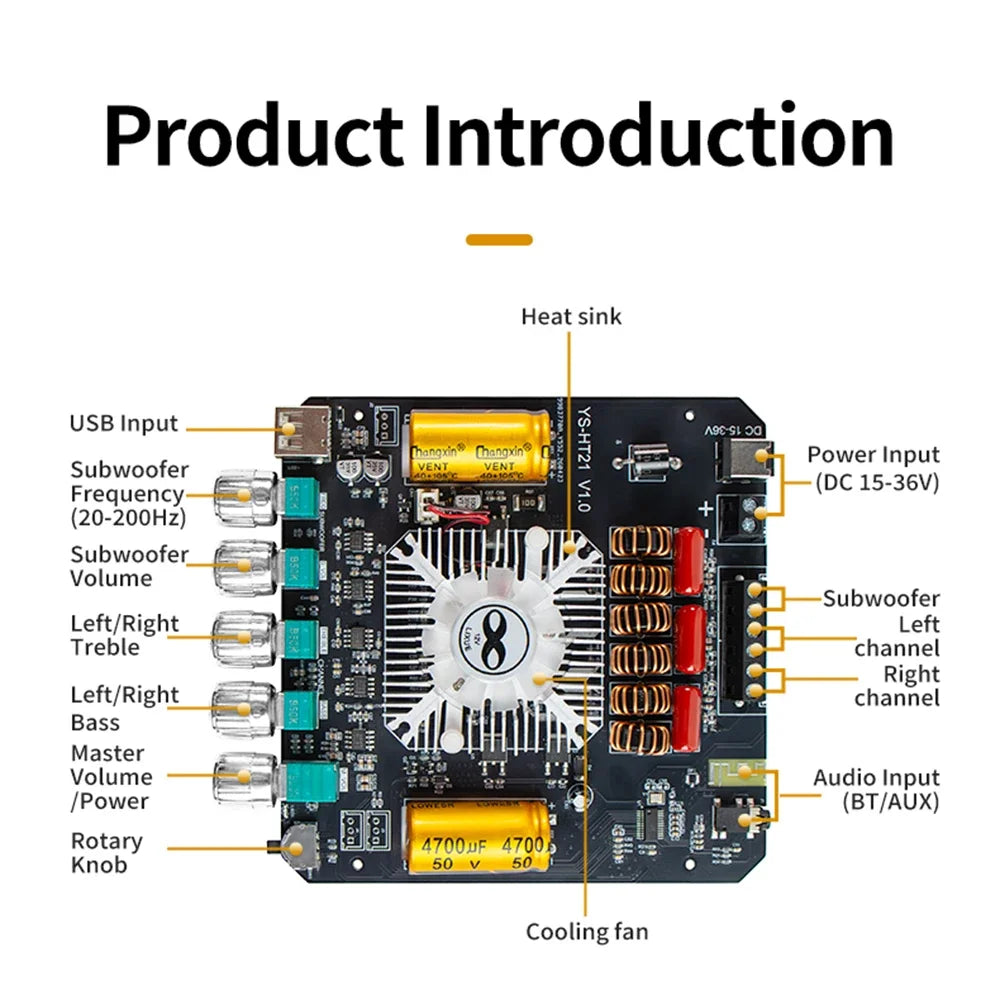 160Wx2+220W 2.1 Channel Power Audio Stereo Subwoofer Amplifier Board Bluetooth-Compatible 5.1 TREBLE Bass note tuning AMP Zpaxo