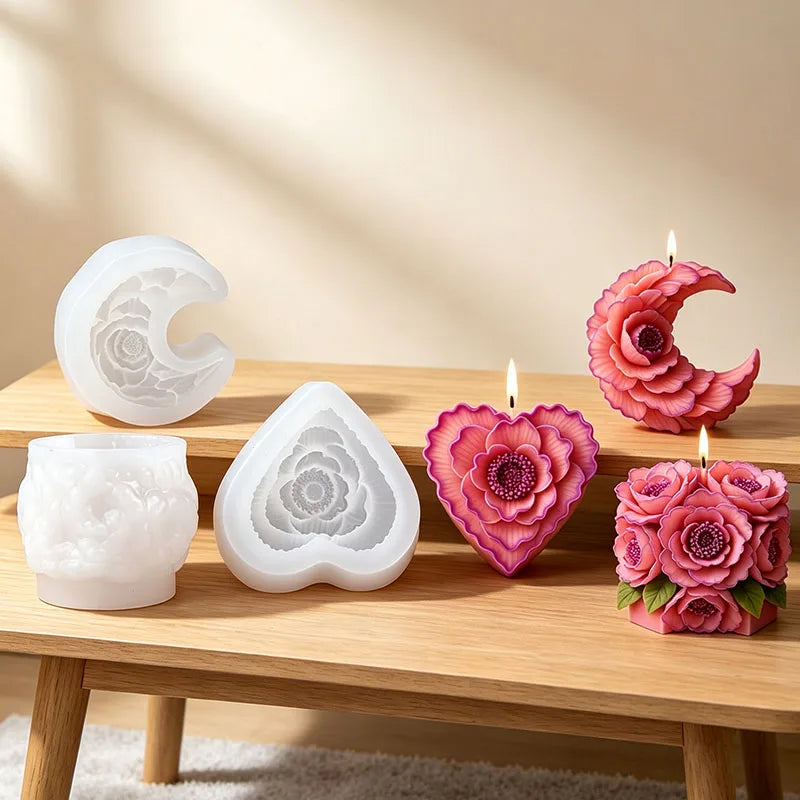Heart Moon Spherical Flower Silicone Candle Mold 3D Floral Geometric Aroma Soap Gypsum Plaster Craft Ornament Mold Home Decor Zpaxo