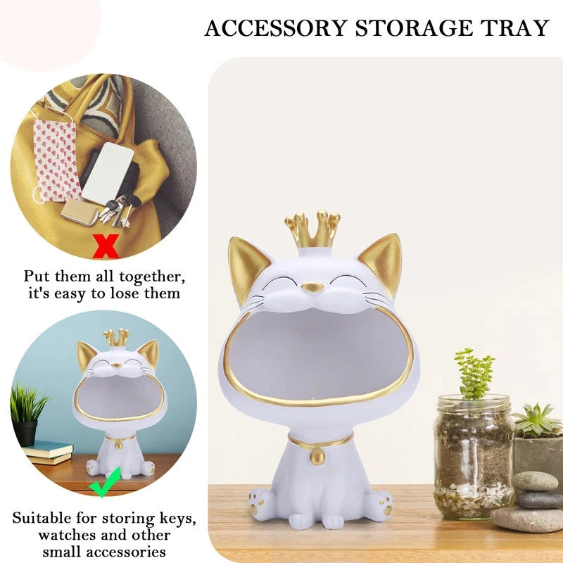 Cute Big-mouthed Crown Cat Resin Storage Sculpture Multifunctional