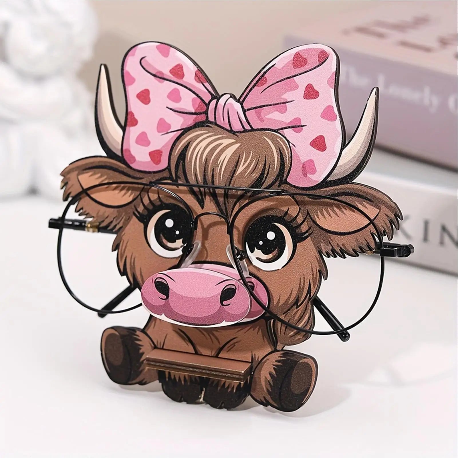 Cow Shape Glasses Holder Organizer Wooden Eyeglasses Stand Desk Decor