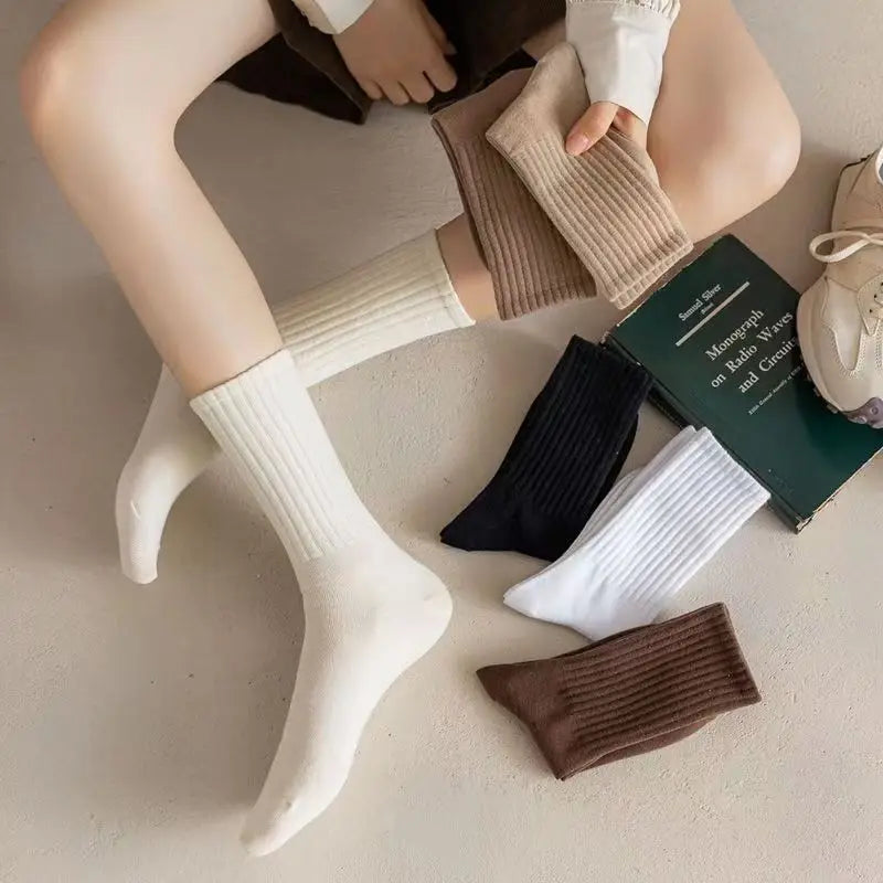 2 Pairs Women Cotton Socks Medium Tubes Knitted Loose Soft Crew