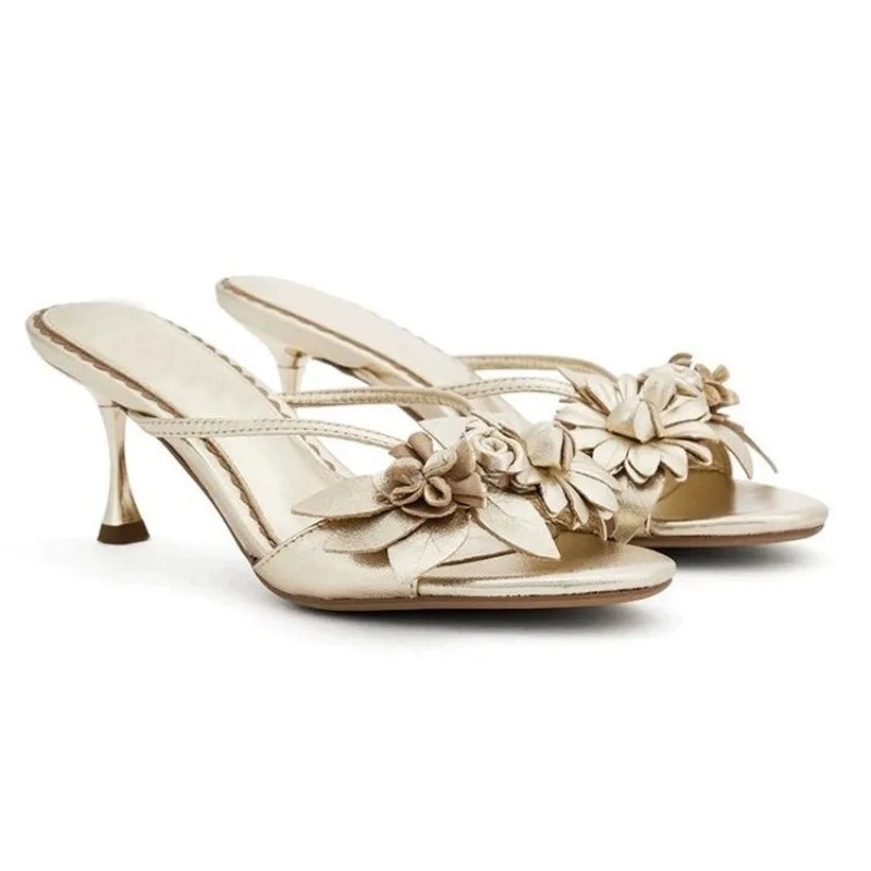 Women Sandals Sexy Concise Summer High Heels Sandals Trend Outdoor Round Head Flower Shoes for Women Lightweight Luxury Shoes Zpaxo Gold 40
