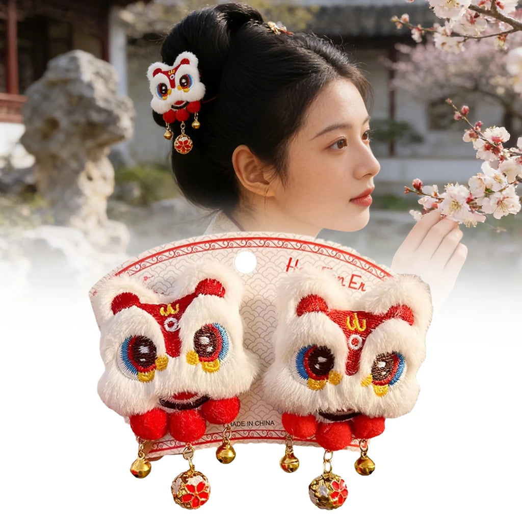 Chinese Lion Dance Pompom Tassel Hair Clips – 2pcs Barrette Set