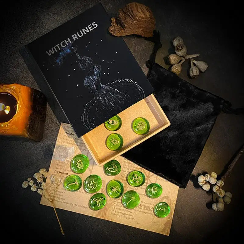 Green Rune Stones Beginners Glass Runes Book Witches Velvet