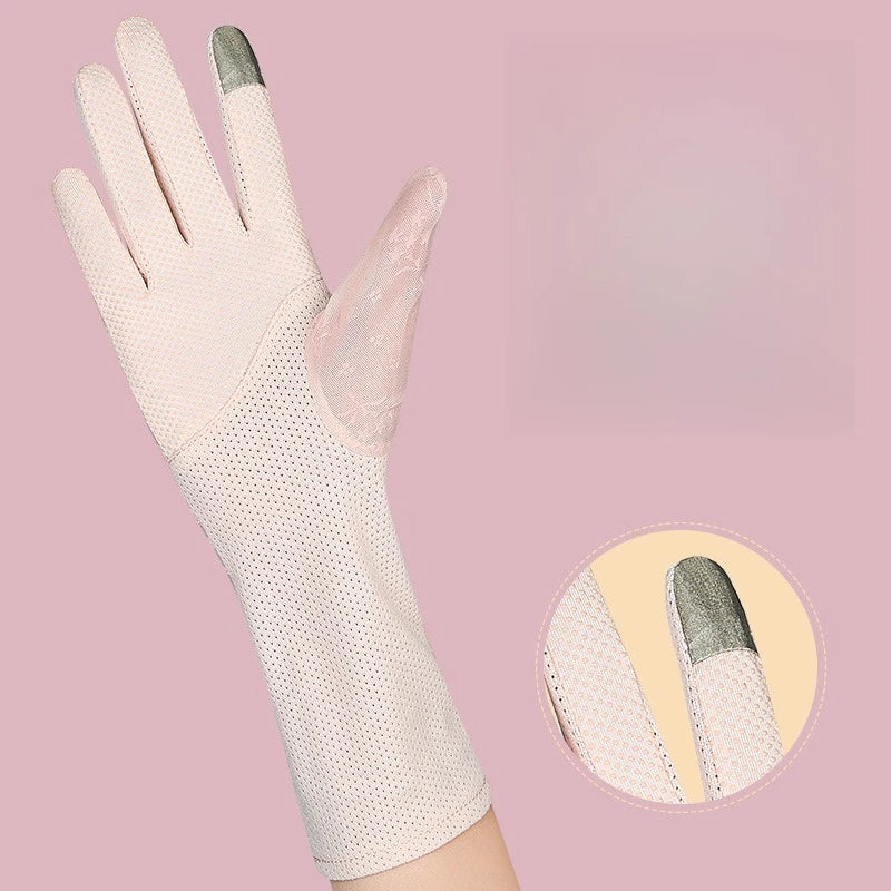 Sunscreen gloves for women summer outdoor driving cycling UV protection touch screen anti slip medium length thin lace gloves Zpaxo