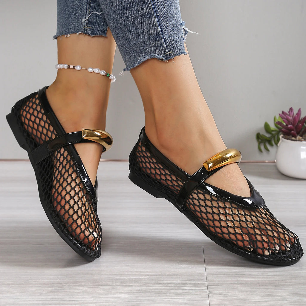 2025 Summer Women's Fashion Metal Decor Belt Flat Soft Soled Shoes Zpaxo
