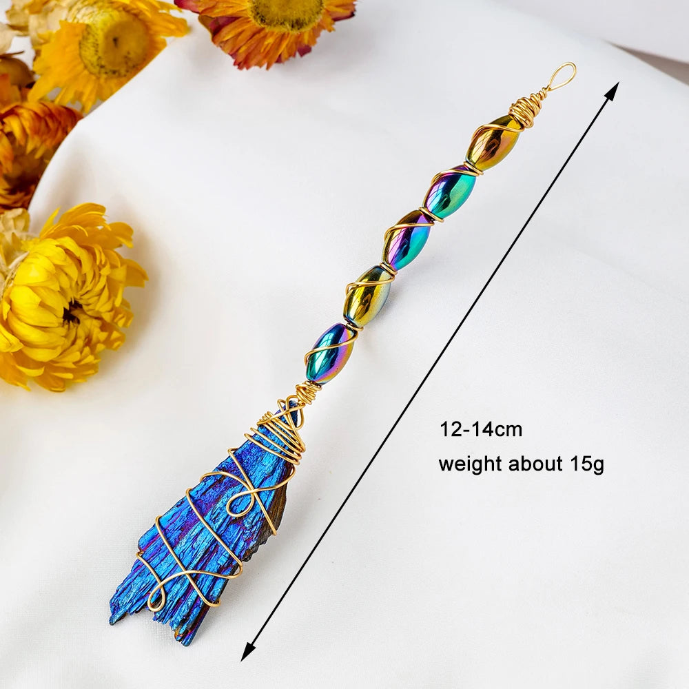Natural Crystal Broom Black Tourmaline Aura Blaze Blue Feather Shape DIY Sweeper Witchcraft Ornaments Zpaxo BLUE BROOM