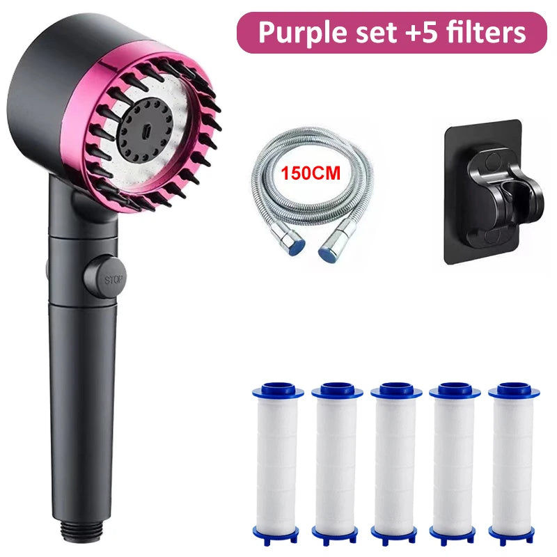 Pressure Massage Showerhead 4 Modes Rainfall Shower Head One-key Stop Zpaxo Purple Set 5 Filter