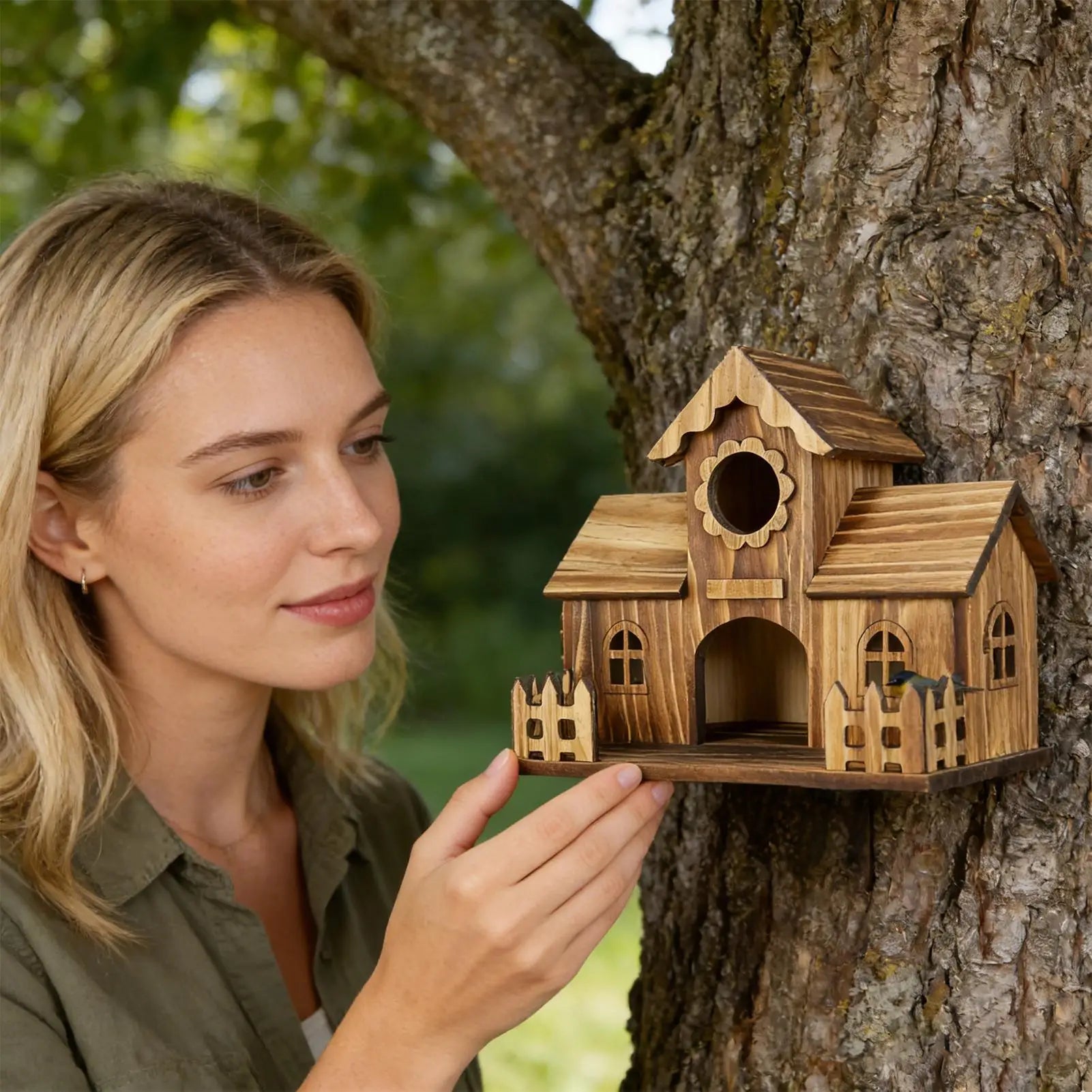 Birdhouses for Outdoors Wooden Natural Rustic Nest Chickadee Bird House for Nesting Feeding Breeding Garden Tree Balcony Deck Zpaxo