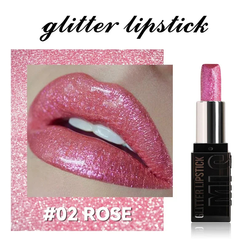 6 Color Glitter Lipstick Flash Lasting Easy Color Diamond Lipstick Waterproof Moisturizing Metallic Pearlescent Sexy Lips Makeup Zpaxo 02 Rose