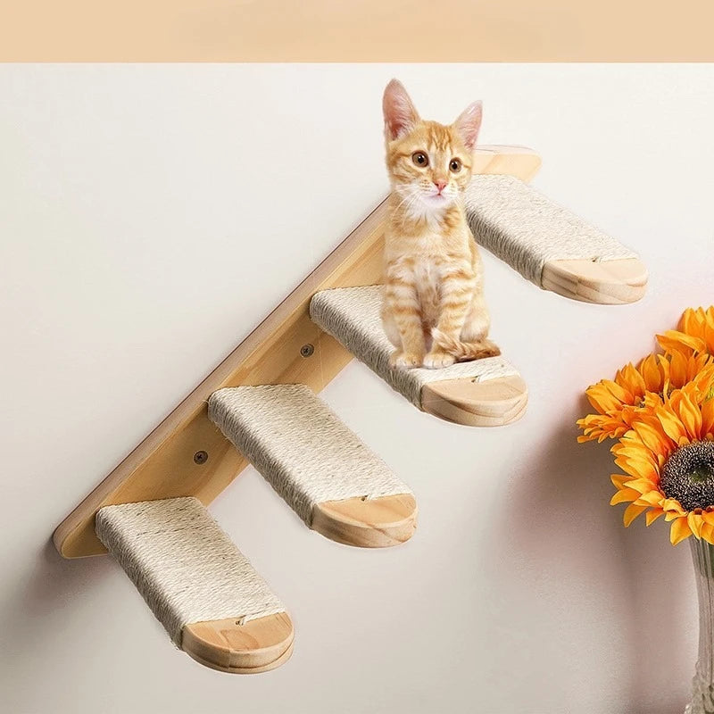 Wall mounted cat climbing ladder with hemp rope wooden cat climbing frame cat climbing wall sticker staircase wall frame Zpaxo