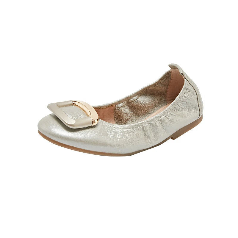 Women White Ballet Flats 2026 Round Toe Gold Buckle Soft Leather Slip Zpaxo