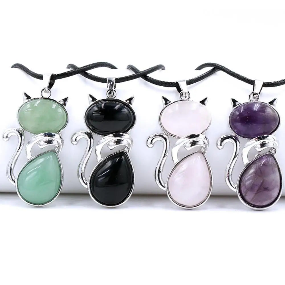 Natural Stone Cat Pendant – Amethyst, Tiger Eye & Crystal Crystal Pendant Necklace Zpaxo