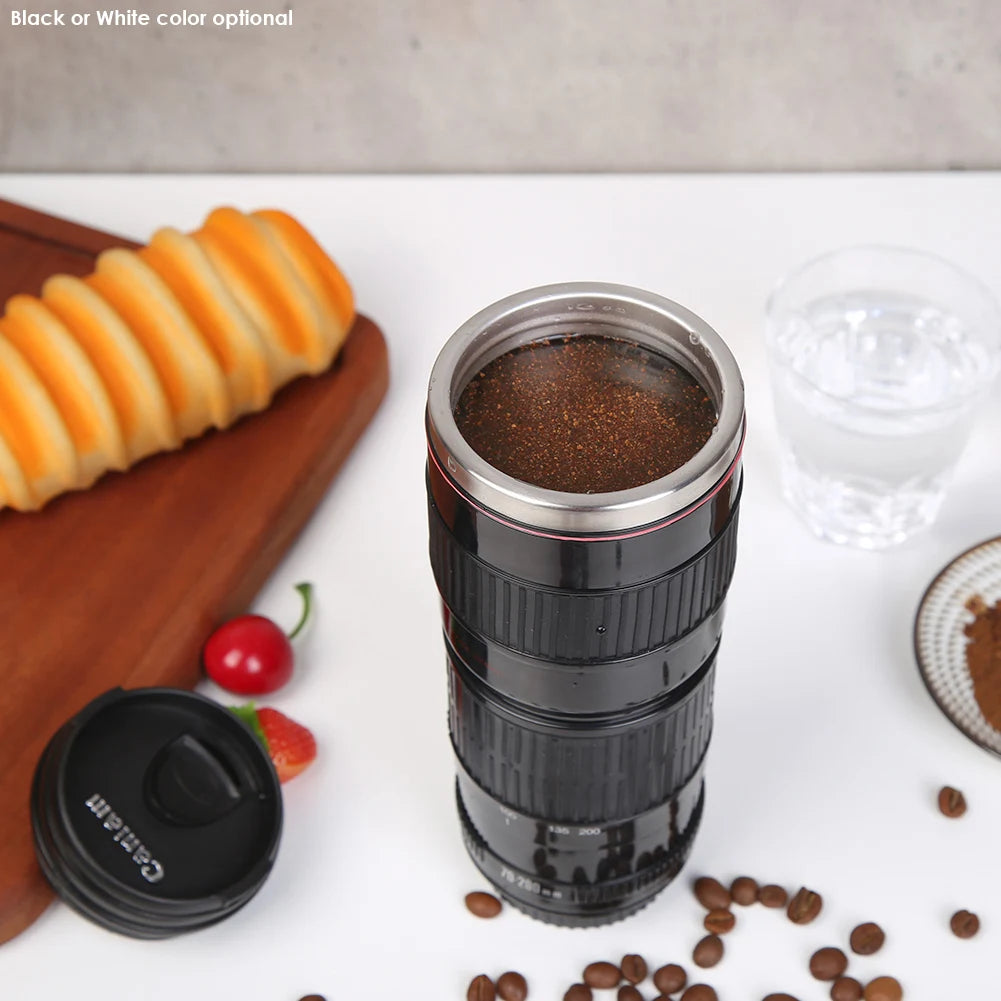 400mL Stainless Steel Coffee Tea Mug Camera Lens Shaped Water Cup with Lid Gifts Zpaxo