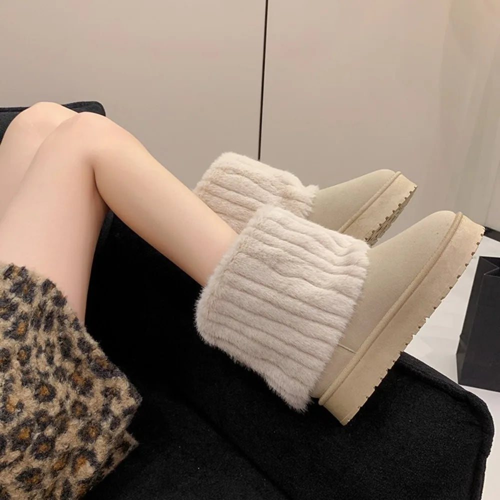 Fashion Women Round Toe Warm Thickened Plush Winter Beige Mid-calf