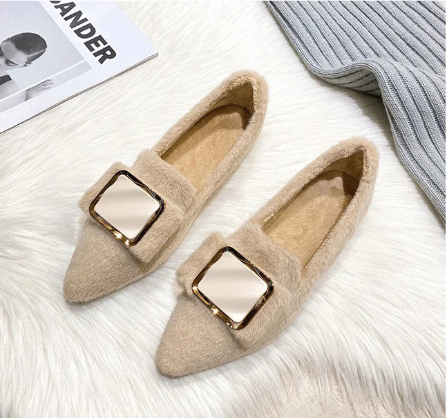 Flats Shoes for Women 2024 New Autumn Pointed Flat Mink Fur Winter Velvet Women's Loafers Ladies Shoes super big size 41 42 43 Zpaxo Apricot 38
