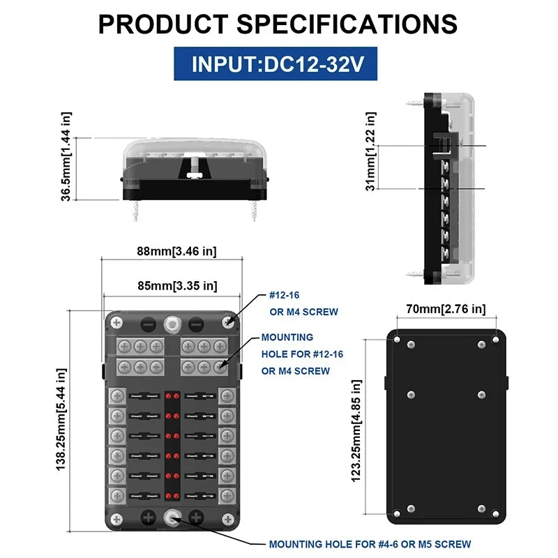 Car Boat Fuse Box Holder 12 Way Blade Block Warning Indicator 12V 24V