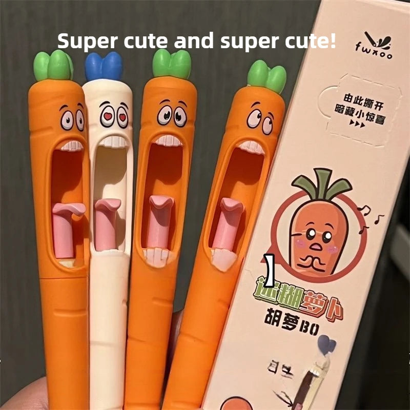 4pcs Cute Cartoon Kawaii Pens Carrot Shaped Gel Pen Design Retractable Tongue Refill Black Ink Pen Office School Stationery Gift Zpaxo
