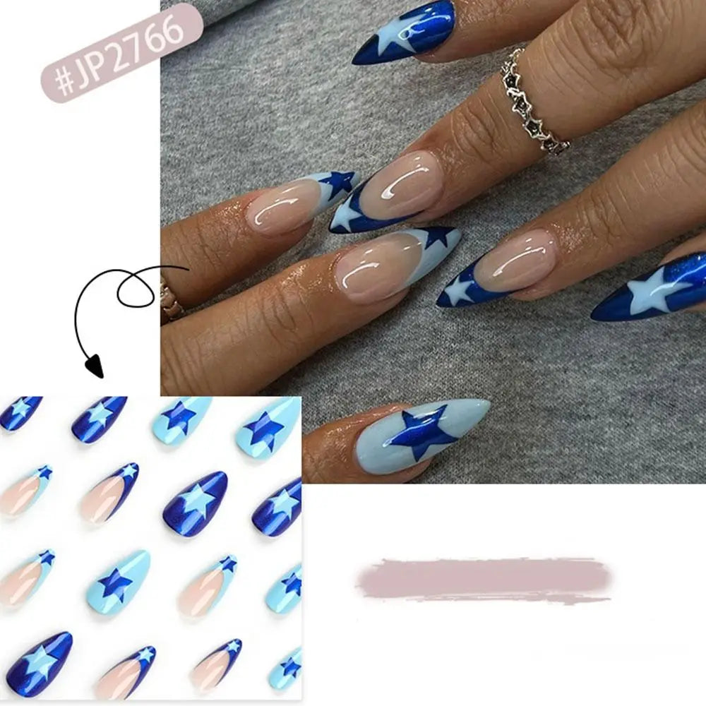 24pcs Long Almond False Nails French Leopard Star Press on Nails Fake Nails DIY Manicure Detachable Nail Tips Zpaxo