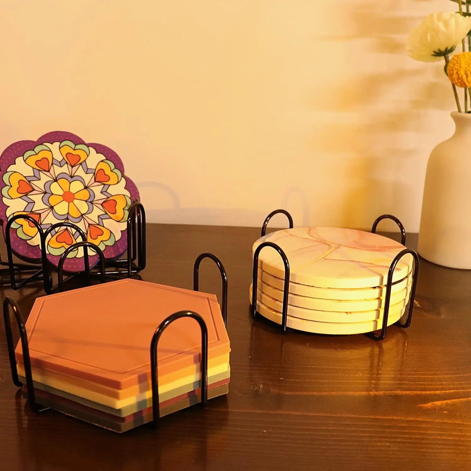 4-Pack Stainless Steel Coaster Holder Racks – Round & Square