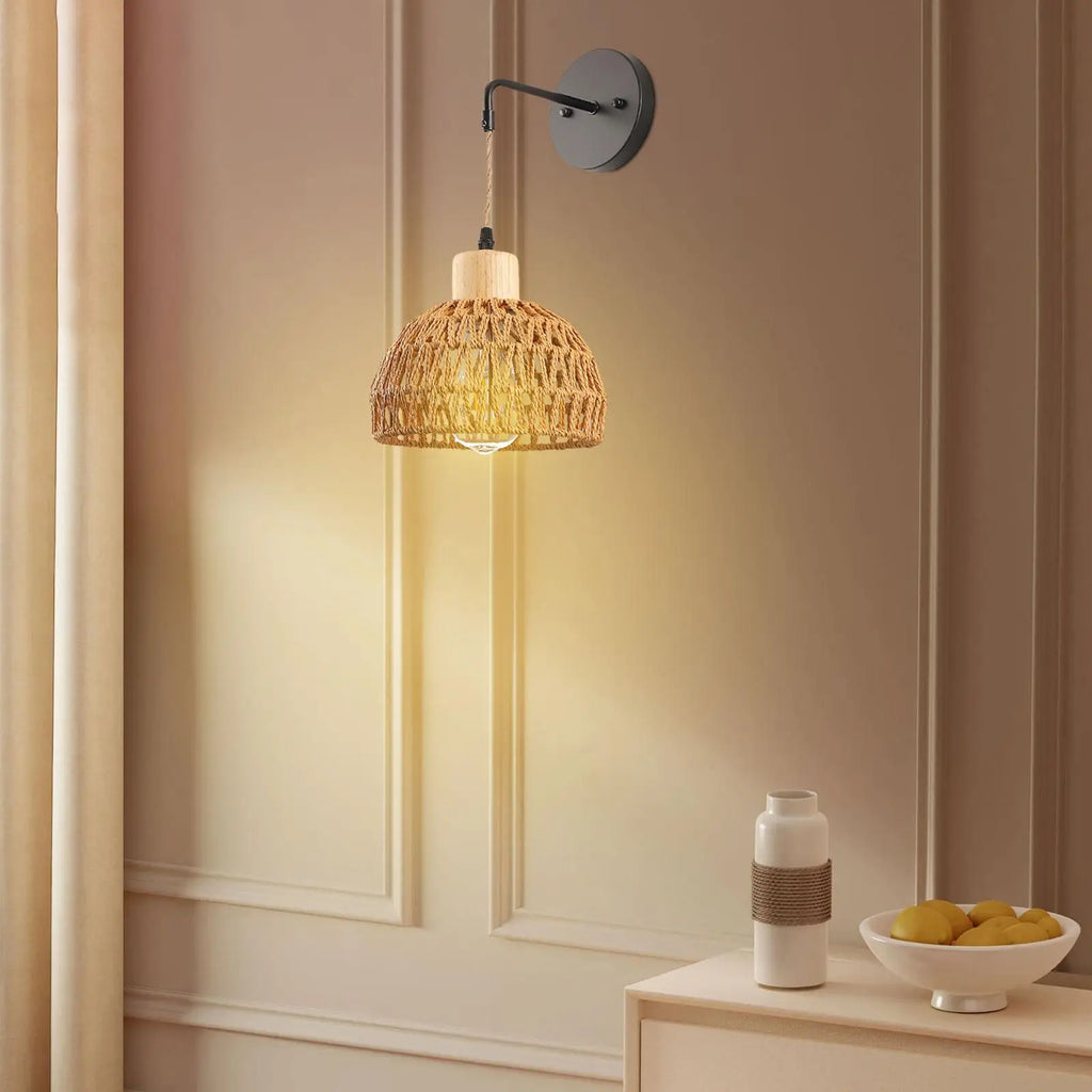 Rattan Wall Sconce Boho Indoor Handmade Shade Hand Woven Wall Light Wall Mountedlamp for Kitchen Bedroom Reading Entry Bathroom Zpaxo