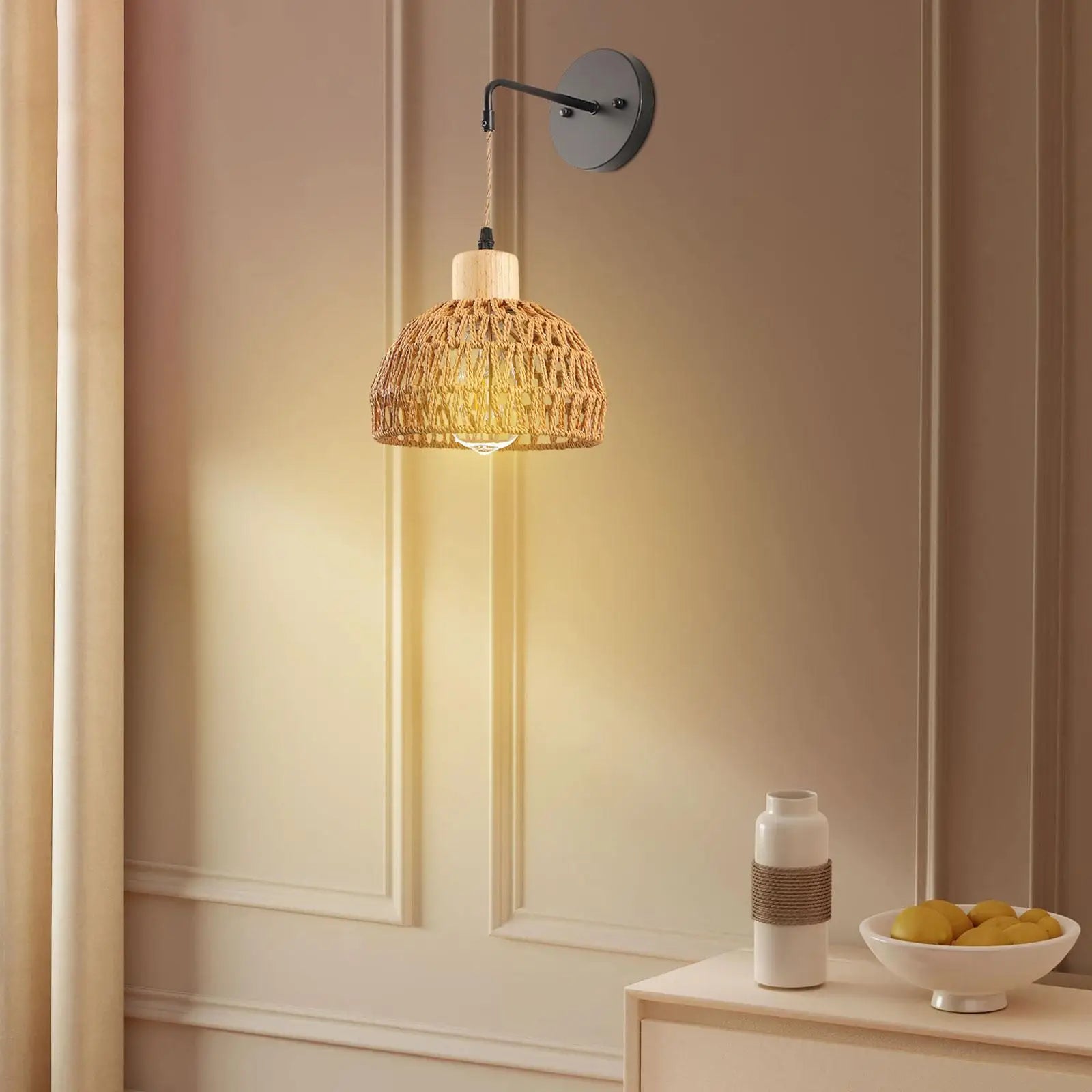 Rattan Wall Sconce Boho Indoor Handmade Shade Hand Woven Wall Light Wall Mountedlamp for Kitchen Bedroom Reading Entry Bathroom Zpaxo