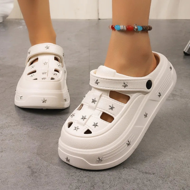 Women's Round Closed Toe Solid Hollow Out Breathable Heel Slippers Zpaxo