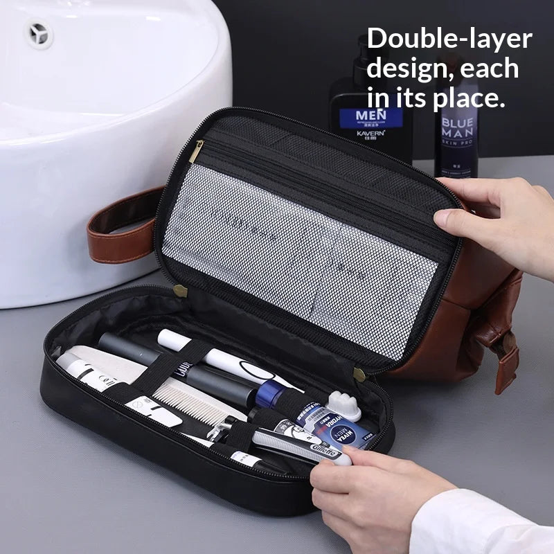 Hot Vintage Luxury Double-layer Men's Wash Bag, Portable and Large-capacity Handheld Cosmetic Storage Bag for Outdoor Use Zpaxo