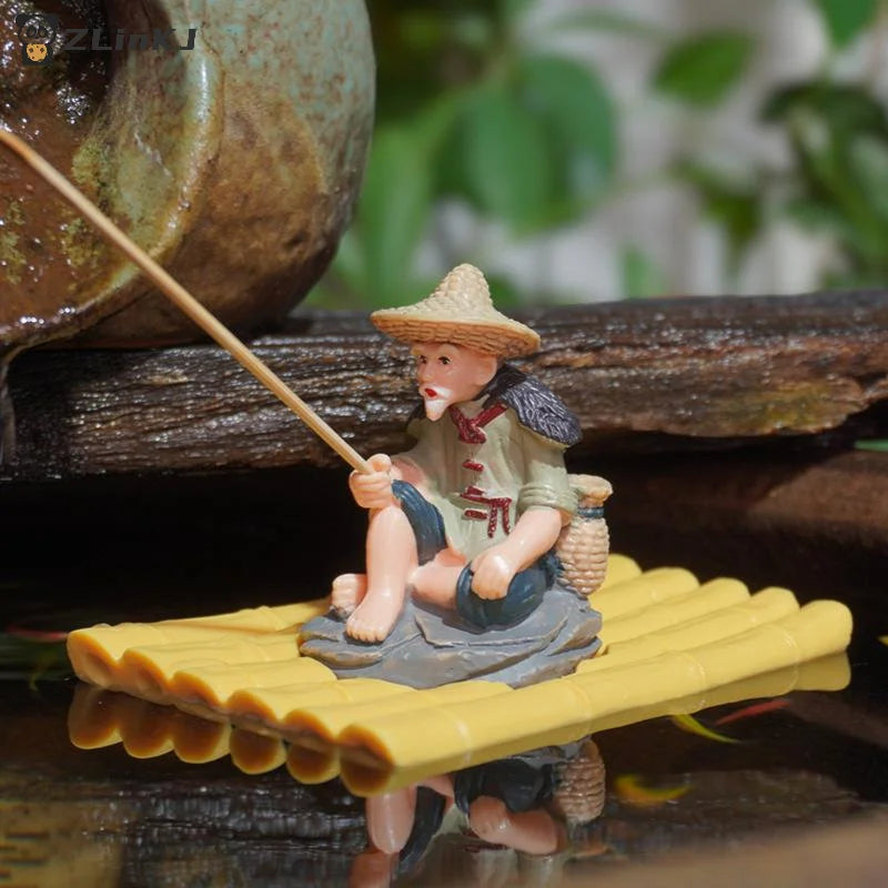 ▶1Pcs PVC Garden Statue Bamboo Raft Elderly Fisherman Figurine For Yard Floating Aquarium Decor Outdoor Decoration Zpaxo