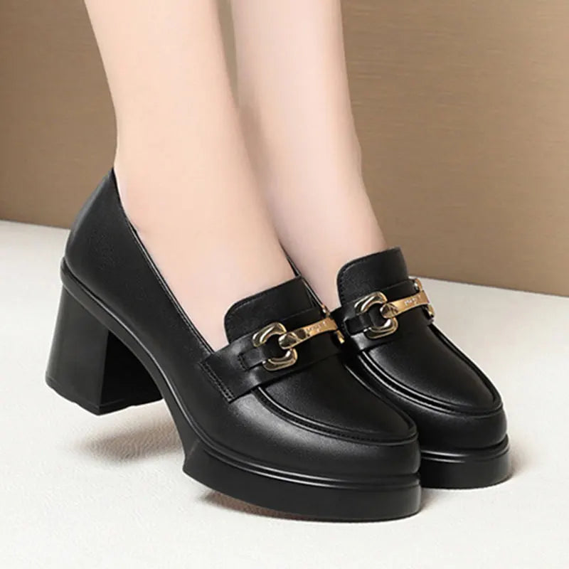 Heels Work Shoes Black Metal Buckle Loafer Catwalk Women's Leather Zpaxo