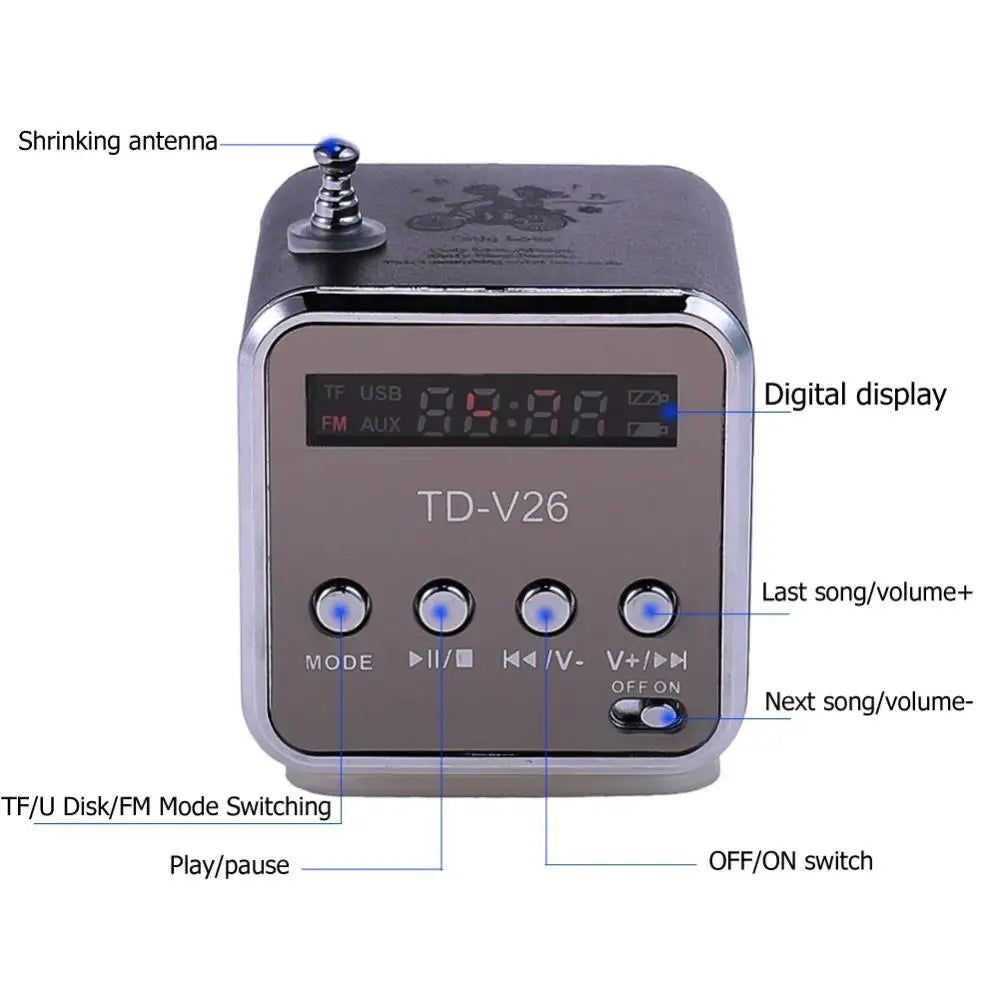 TD-V26 Speaker Mini FM Radio Receiver MP3 Music Player LCD Soundbar