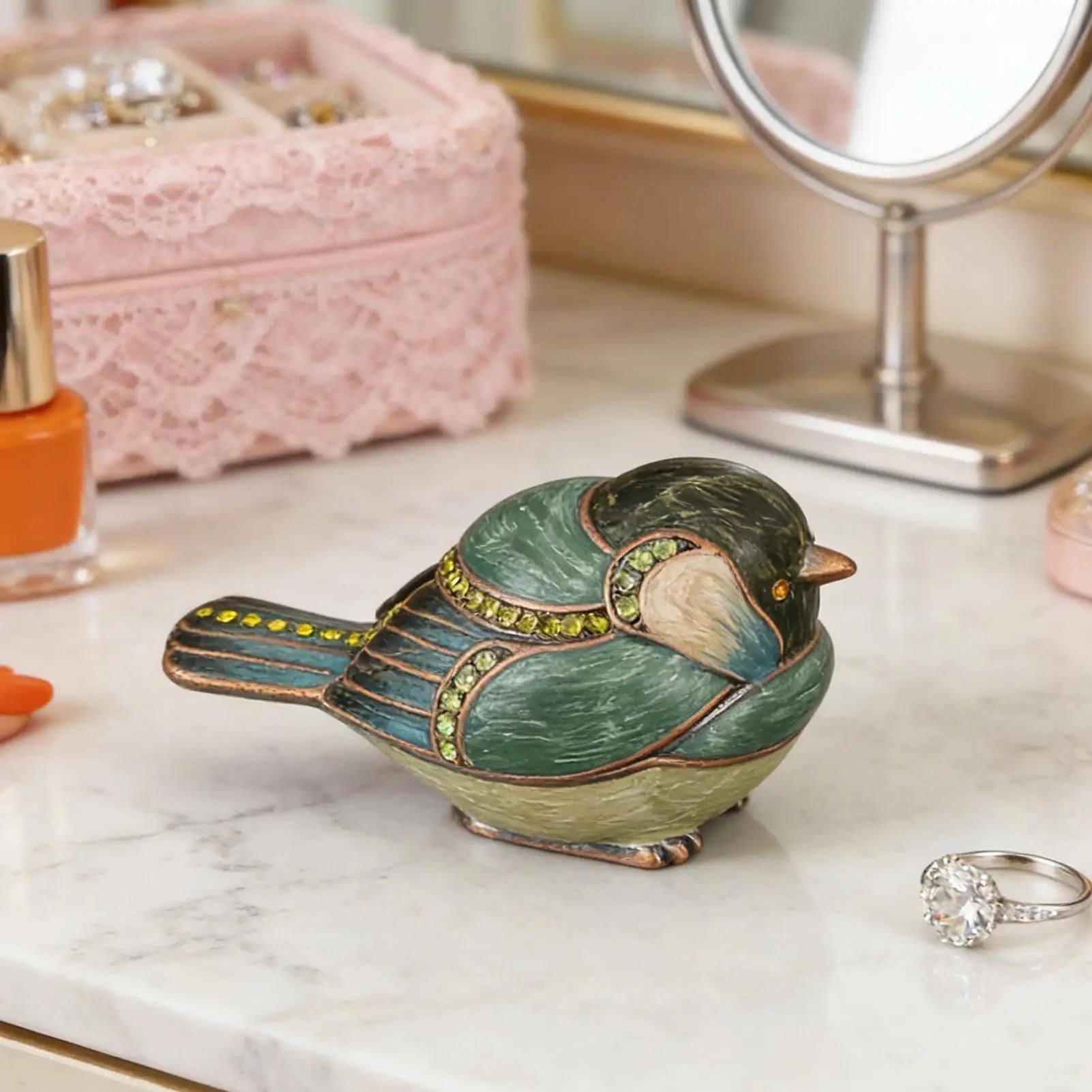 Bird Trinket Box Shape Enamel Jewelry Earring Organizer Rhinestone