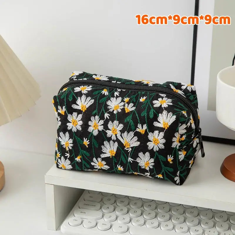 Floral Embroidery Canvas Cosmetic Bag – Travel Makeup Organizer