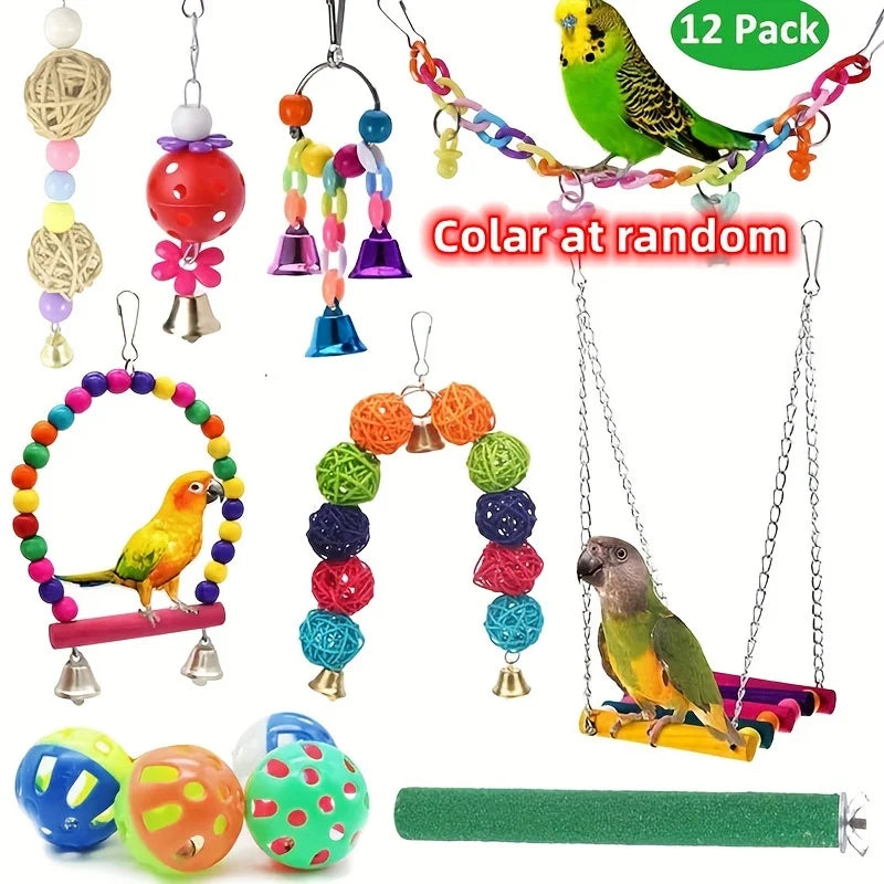 Bird Toy Cage Accessories Wood Parrot Toys Swing Suspension Bridge Zpaxo 12pcs Random colors