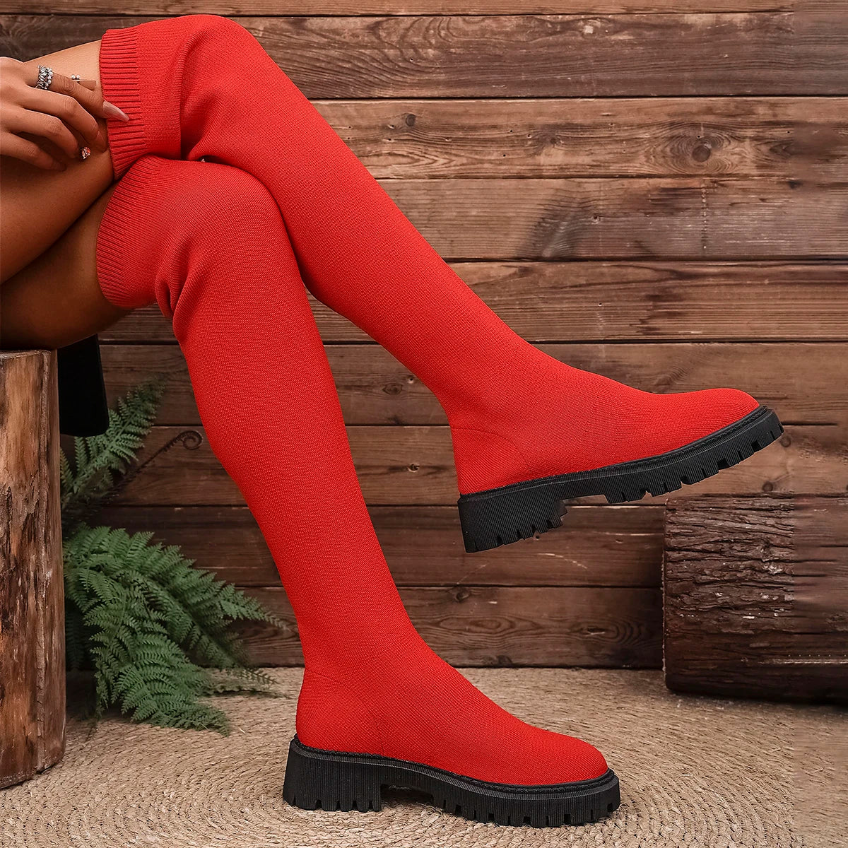 2025 New Women Knee Boots Trend Slip on Shoes Woman Thick Bottom Luxury Knee High Boots Chunky Platform Knitted Long Boots Women Zpaxo