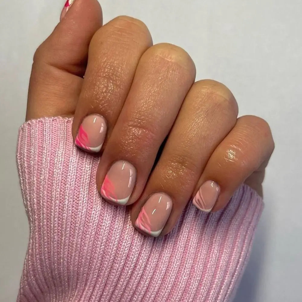 24pcs Short Round False Nails Summer Sweet Grapefruit Aurora Borealis French Zebra Full Cover Detachable Nail Tips Zpaxo