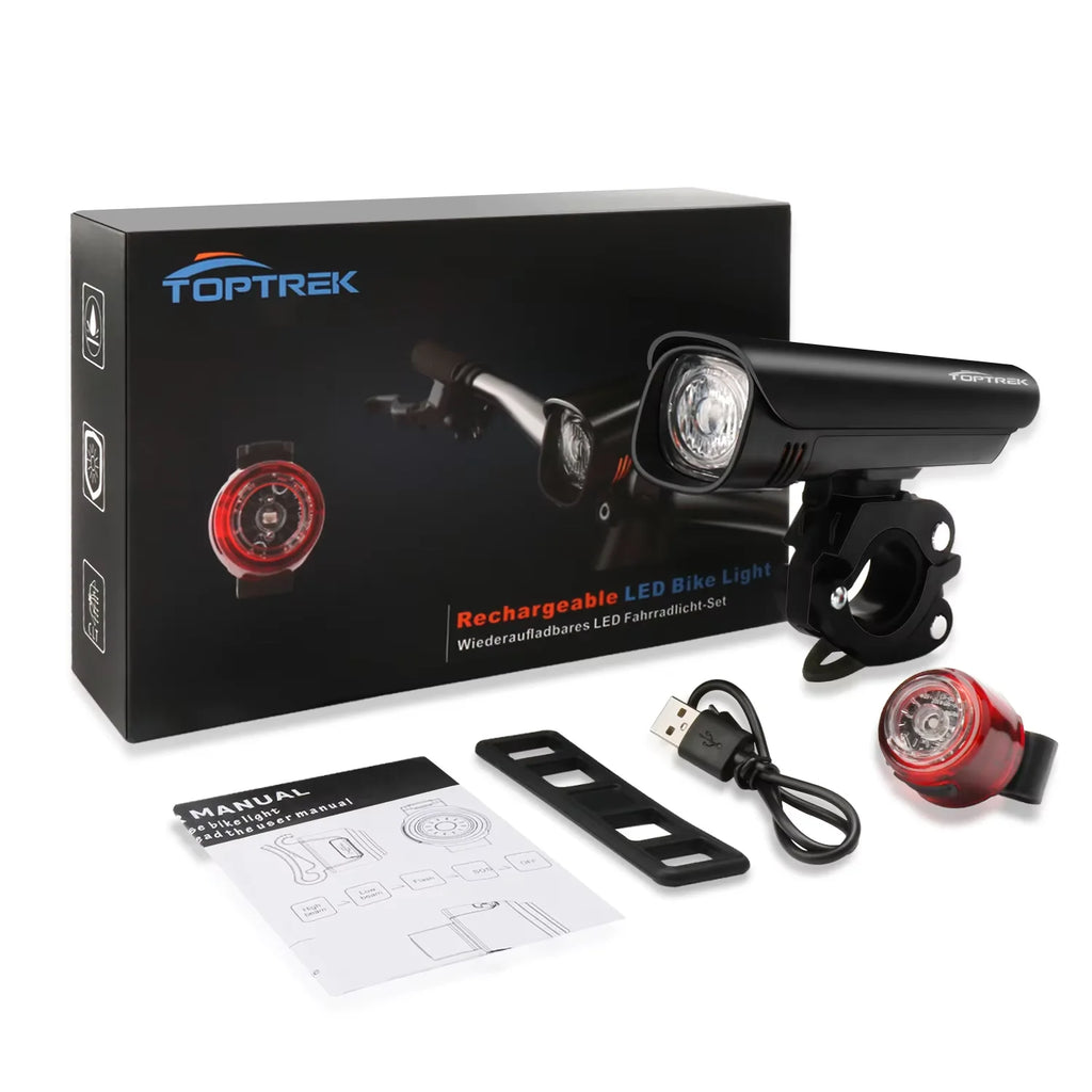 Toptrek Bicycle Light IPX5 Waterproof LED Bike Headlight Cycle Flashlight Handlebar USB Charging MTB Road Cycling Light Sets Zpaxo