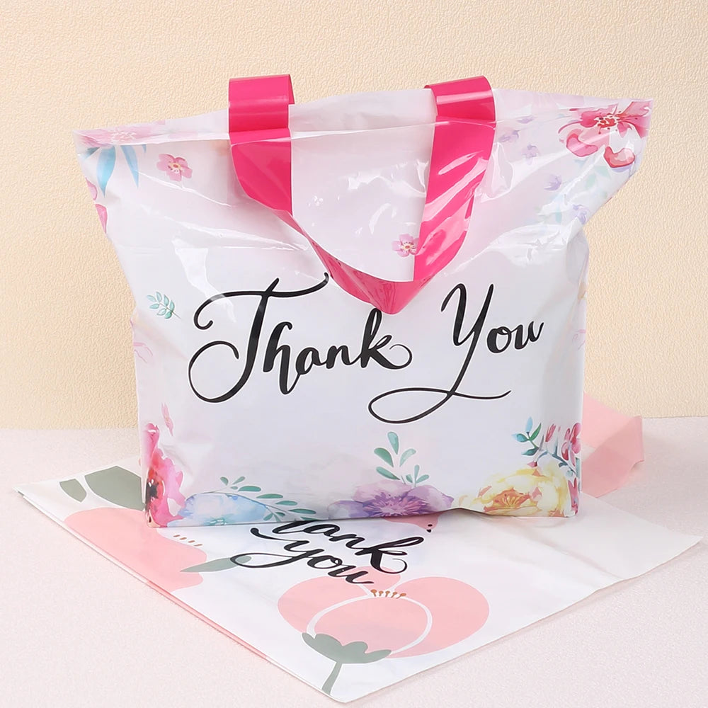 20/50Pcs Thank You Gift Bag with Handle Plastic Floral Shopping Bags for Small Business Wedding Birthday Party Gift Bags Zpaxo