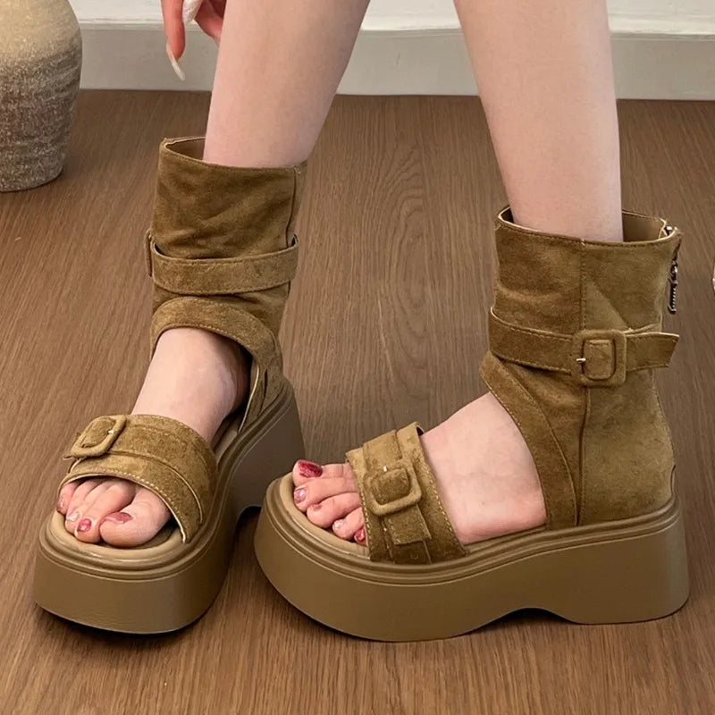 2026 Summer Women's Round Open Toe Solid Buckle Strap Embellishment Zpaxo