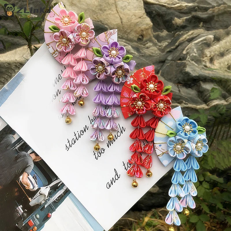▶Japanese Kimono Fabric Flower Folding Fan Children Hair Accessories Clip Tassel Headwear Headdress Barrette Zpaxo