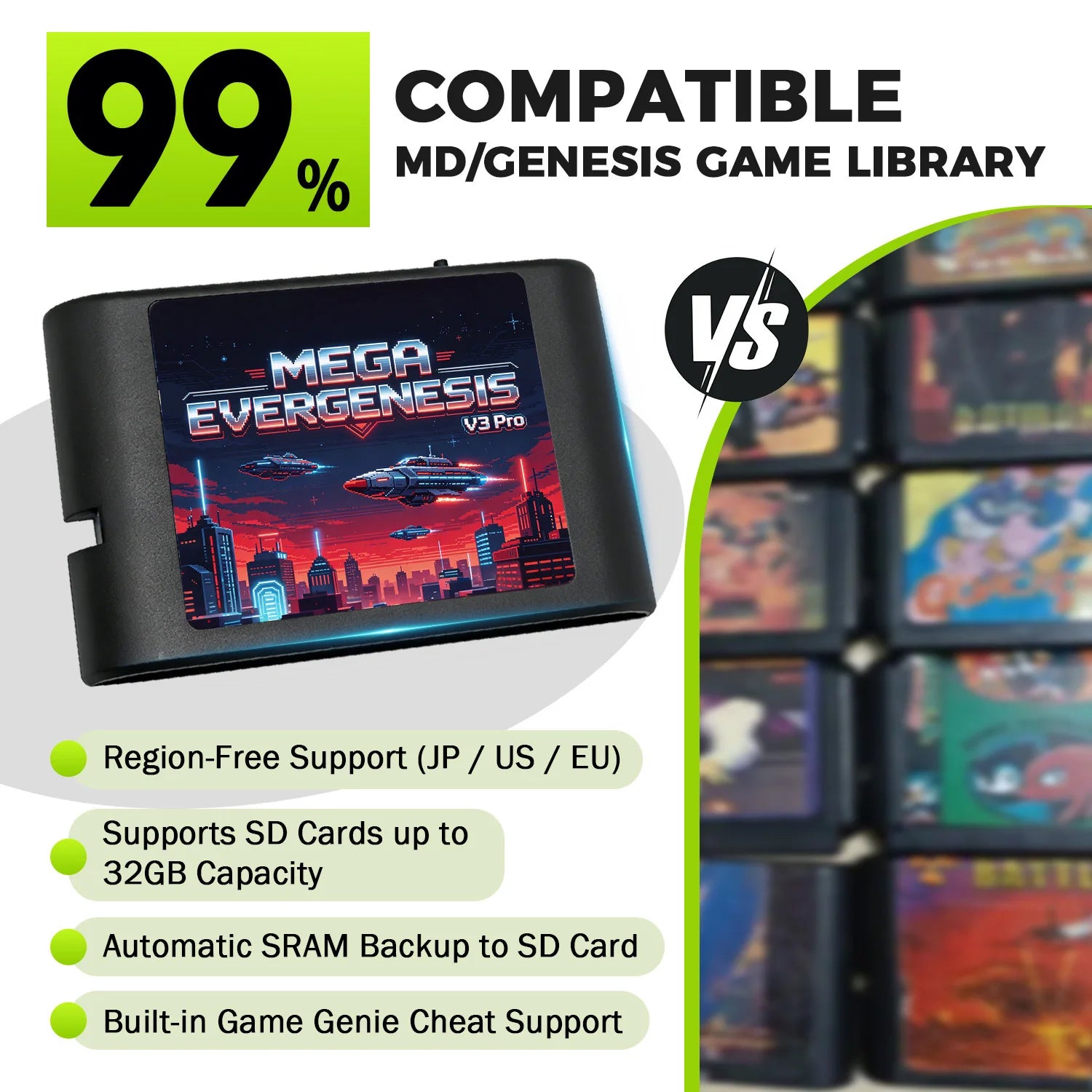 Mega EverDrive V3 Pro 3000 in 1 Flash Cartridge for Sega Genesis / Mega Drive, Retro 16Bit Game Card with Free 4GB TF Card Zpaxo