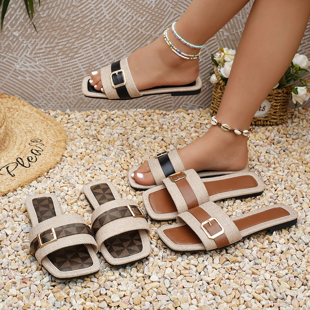 Trend Women Slippers Summer Beach Sandals Fashion Metal Buckle Decor Flat Slippers Women Plus Size Outdoor Shoes Slides Women Zpaxo