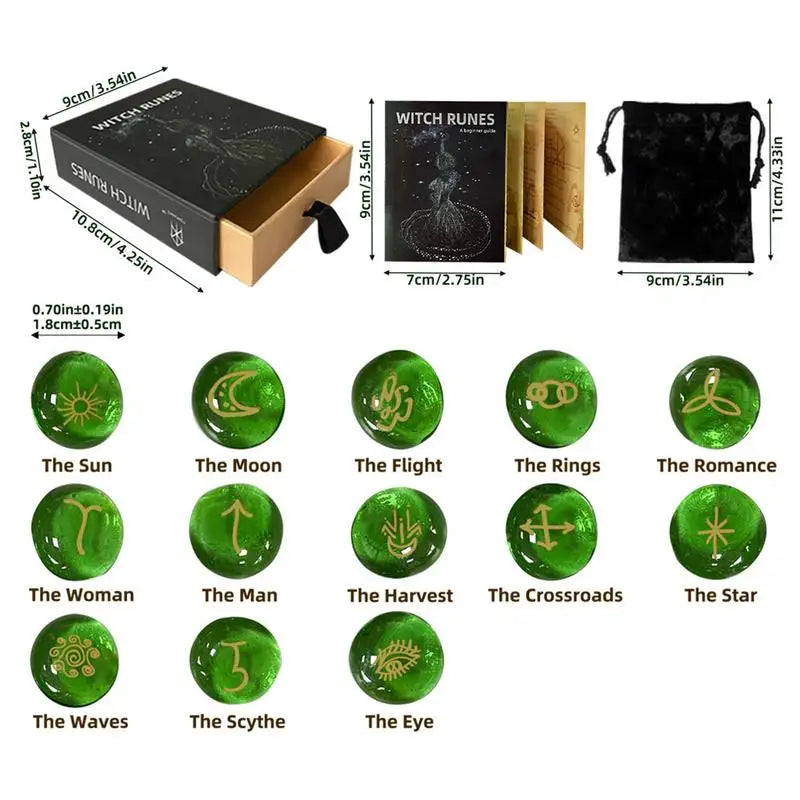 Green Rune Stones Beginners Glass Runes Book Witches Velvet